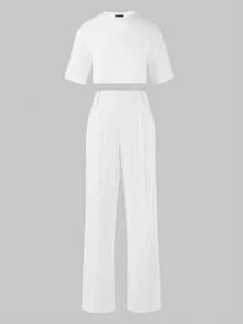 Conjunto casual elegante de 2 peças para primavera/verão, para deslocações diárias, escritório e negócios, conjunto casual feminino, conjunto feminino elegante, roupa árabe branca - Branco - Ver 3
