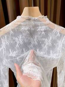 女士蕾丝高领打底衫，时尚网纱长袖上衣 - 白色 - 查看 3