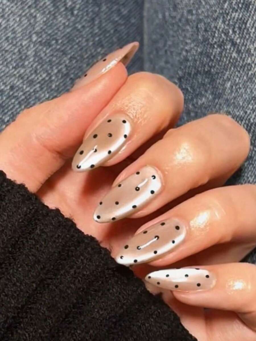 24片杏仁形黑色波点猫眼美甲贴纸，亚克力按压式美甲，包含1片果冻胶和1个指甲锉。波点和猫眼美甲让您的指尖闪耀夺目，适合派对、跳舞和日常使用。美甲用品 - 彩色 - 查看 1