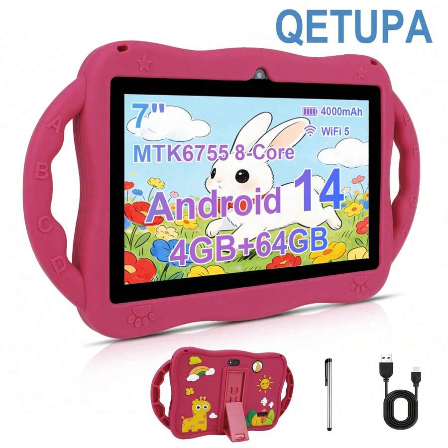 Qetupa 7 吋 Android 14 兒童平板電腦,鹿紋圖案,早教平板,配備防震保護殼,MTK6755 八核心 2.0GHz 處理器,4GB RAM + 64GB ROM,1024*600 IPS 觸控螢幕,2MP 前置鏡頭 + 5MP 後置鏡頭,長效 4000mAh 電池,支援藍牙與 802.11ac/Wi-Fi 5 - 耐用護眼設計,內建教育遊戲、影音娛樂、學習與閱讀功能,適合幼兒居家教育,男孩女孩的完美禮物 - 紅色 - 查看 1