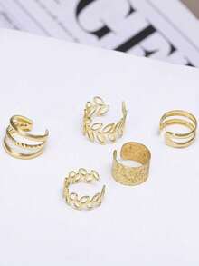 5 Pieces/Set Personalized Geometric Ear Cuffs, No Ear Piercings, C-Shaped Hollow Leaf Earrings, Elegant And Sexy Earrings, Fashionable Ear Clips, Mixed Metal Leaf And Branch Design, Textured Matte Finish, Multi-Cuff Earrings, Versatile Jewelry For Women, Suitable For Women's Daily Wear - 金色 - 查看 5