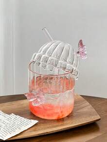 1 Stück Glas Schmetterlingstasse, rosa Schmetterling Frühstückstasse für Milch und Kaffee, transparente vertikal gestreifte niedliche Glastasse, für den Heimgebrauch Eiskaffee Americano Latte Tasse - Verschiedenfarbig - Übersicht 7