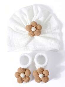 1pc Children Wheat Ear & Floral Pattern Socks Combo, Baby Beanie - 2pcs - View 2