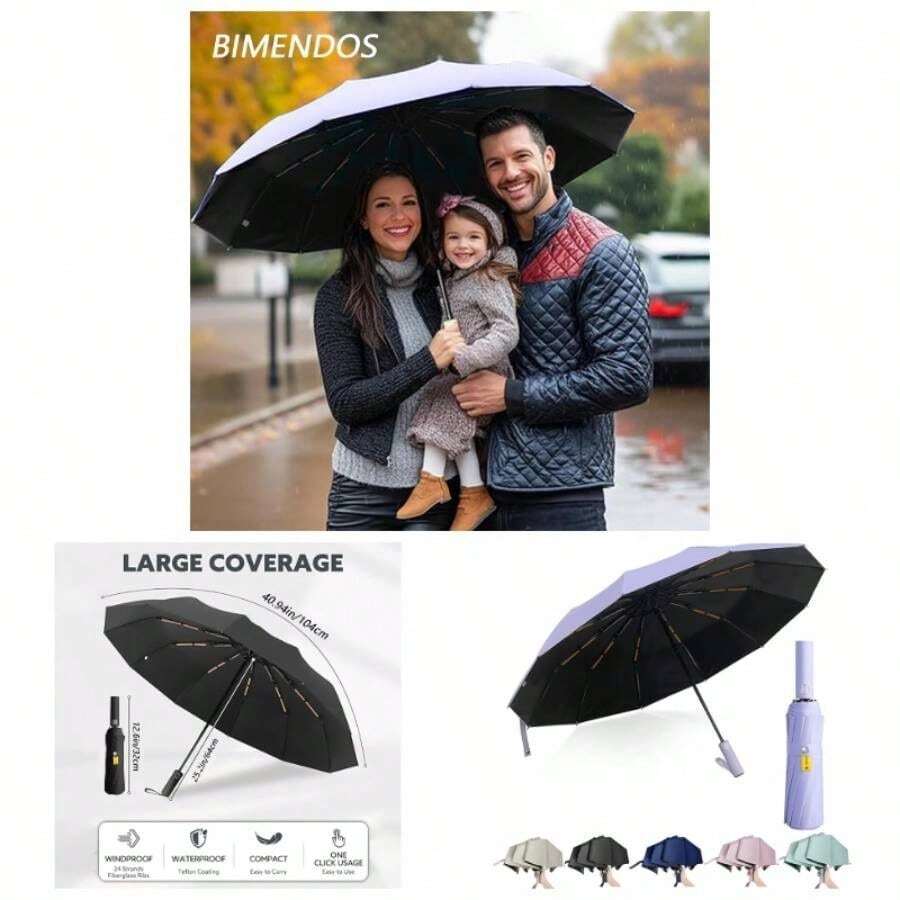 Paraguas Plegable Automtico, Paraguas Plegable con Proteccin, Paraguas de Viaje Compacto, Resistente al Viento e Impermeable, Paraguas con 24 varillas, Porttil para Hombres y Mujeres - Púrpura - Ver 1