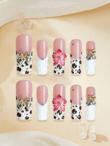 10 Peças Unhas Postiças Longas com Estampa Floral Francesa, Adesivos de Unhas Acrílicas Feitos à Mão com Padrões de Leopardo & Floral. Conjunto de Unhas DIY Holográfico Y2K com Flores Degradê 3D, Laços e Motivos de Cereja para Salões de Unhas, Manicures Diárias, Festivais e Festas, Suprimentos - Multicolorido - Visão 2