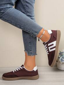 女士时尚新款平底运动鞋，百搭舒适的休闲鞋 - 酒紅色 - 查看 5