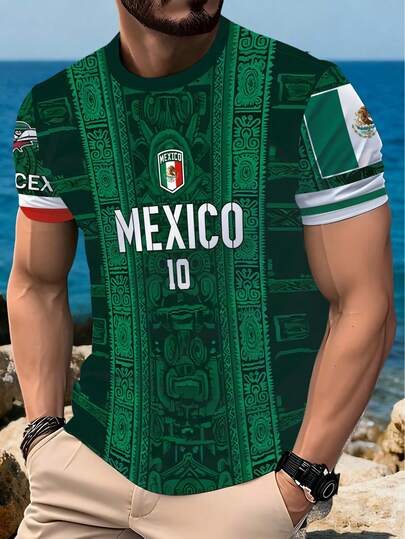 墨西哥男子足球队球衣，墨西哥青少年圆领舒适运动上衣，印有玛雅文明和神祇图案，适合金杯赛、足球训练、日常健身和休闲活动，是馈赠佳品。