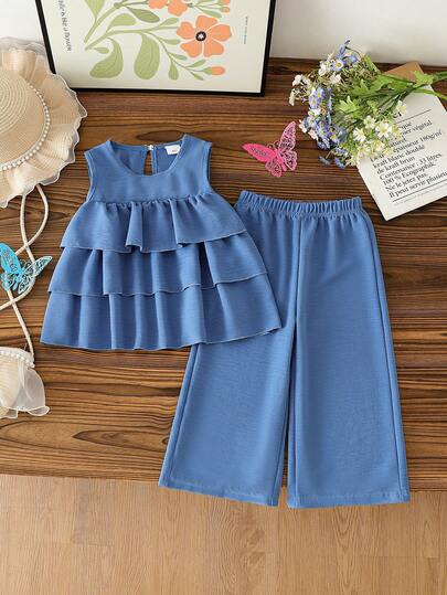 مجموعة ملابس علوية كاجوال بحمالات مكشكشة + بنطلون فضفاض قصير بلون أحادي، صيفي، 2 قطعة