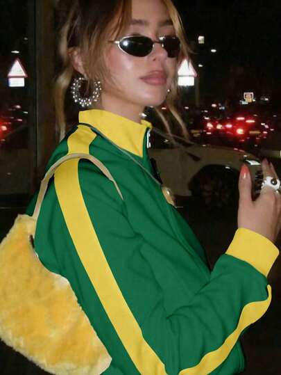 Colorblock Graphic Print Zip-Up Loose Fit Half-Turtleneck Sweatshirt For Women, Casual Everyday Wear Or Layering In Spring/Summer