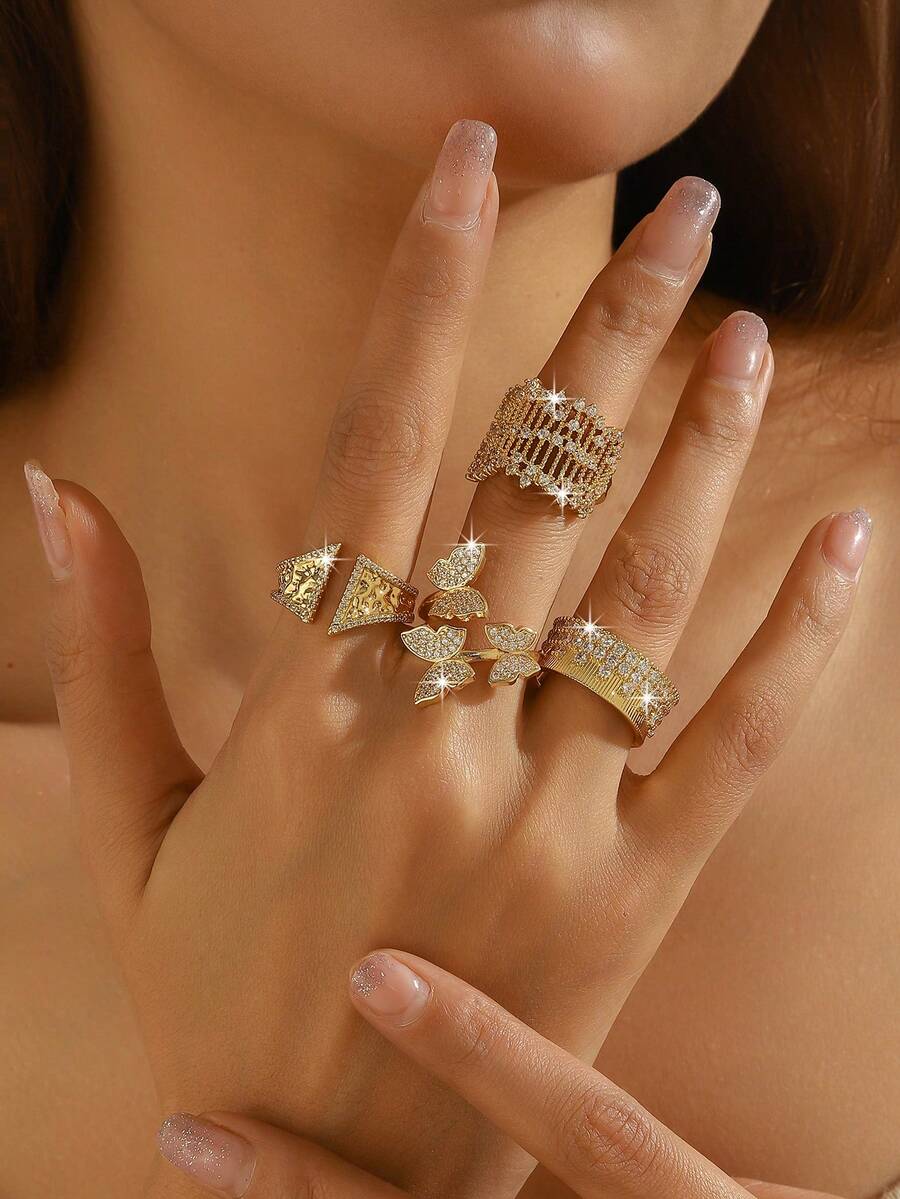 Mixed Design Open Ring - Women's Gold-Tone Crystal Butterfly/Geometric Ring | Stackable Personalized Jewelry, Suitable For Daily And Occasions - Gold - View 1