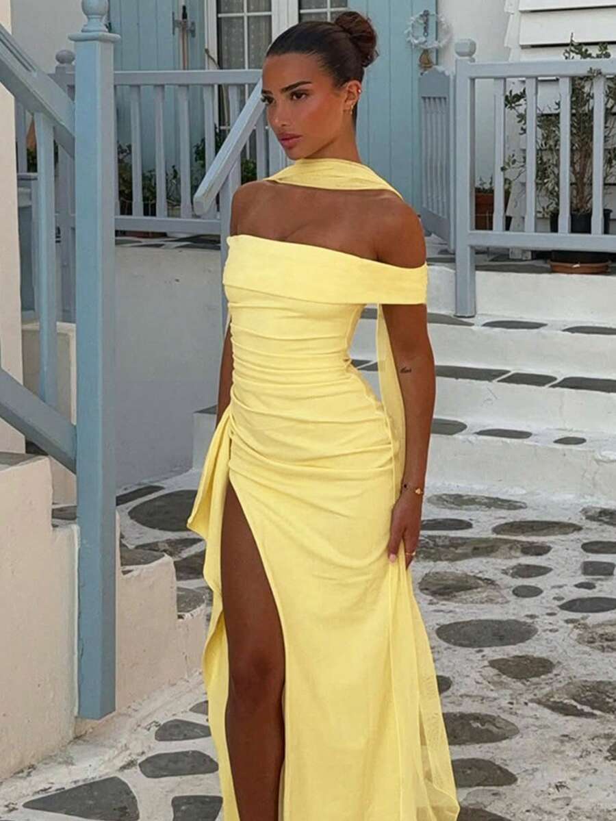 Women's Elegant Off Shoulder Maxi Dress, Draped Sleeveless High Split Evening Party Dress Wedding Spring - Yellow - View 1