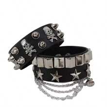 1/2/3 Pcs Punk Rock Rivet Skull Star Bracelet Set, Spiked Stud Cuff Wristband, PU Leather Bangle, Motorcycle Chain Bracelet, Unisex, 80s 90s Wrist Chain, Black Gothic Steampunk Style, Adjustable, Fashion Retro Accessories, Halloween Party Gift, Carnival - Black - View 5
