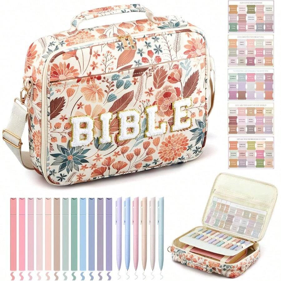 Extra Large Bible Cover Box, Christian Bible Gift For Women, 12.8 X 10.5 Inch Large Capacity, Chenille Lettering PU Leather Bible Bag, Christmas Bible Study Supplies, Valentine's Day Gift With Shoulder Strap, Women's Gift (Accessories Not Included) - 變體 - 查看 1