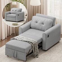 3 In 1 Convertible Single Sofa Bed With Adjustable Backrest, Pull Out Single Sleeper Chair Bed With Pockets For Living Room, Linen Fabric, Light Grey - Light Gray - Single - View 7