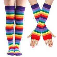 European And American Rainbow Long Socks High Tube Socks Cotton Over-The-Knee Socks Women Colorful Striped Gloves Cross-Border Party Props Set CV5M - 黃色口4/手+腳 - 查看 1