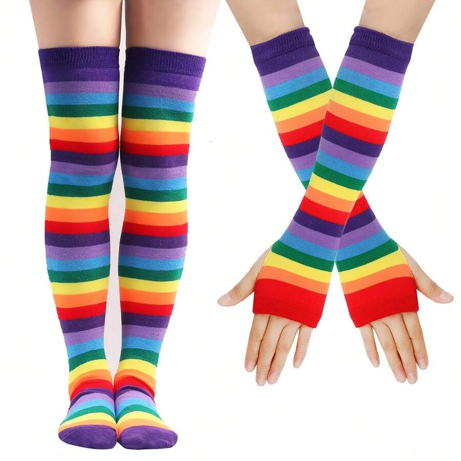 European And American Rainbow Long Socks High Tube Socks Cotton Over-The-Knee Socks Women Colorful Striped Gloves Cross-Border Party Props Set CV5M - 黃色口4/手+腳 - 查看 1