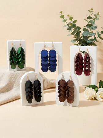 5对/套几何圆形多层流苏耳环，女士款，天然木质，波西米亚风格，适合音乐节和时尚首饰佩戴