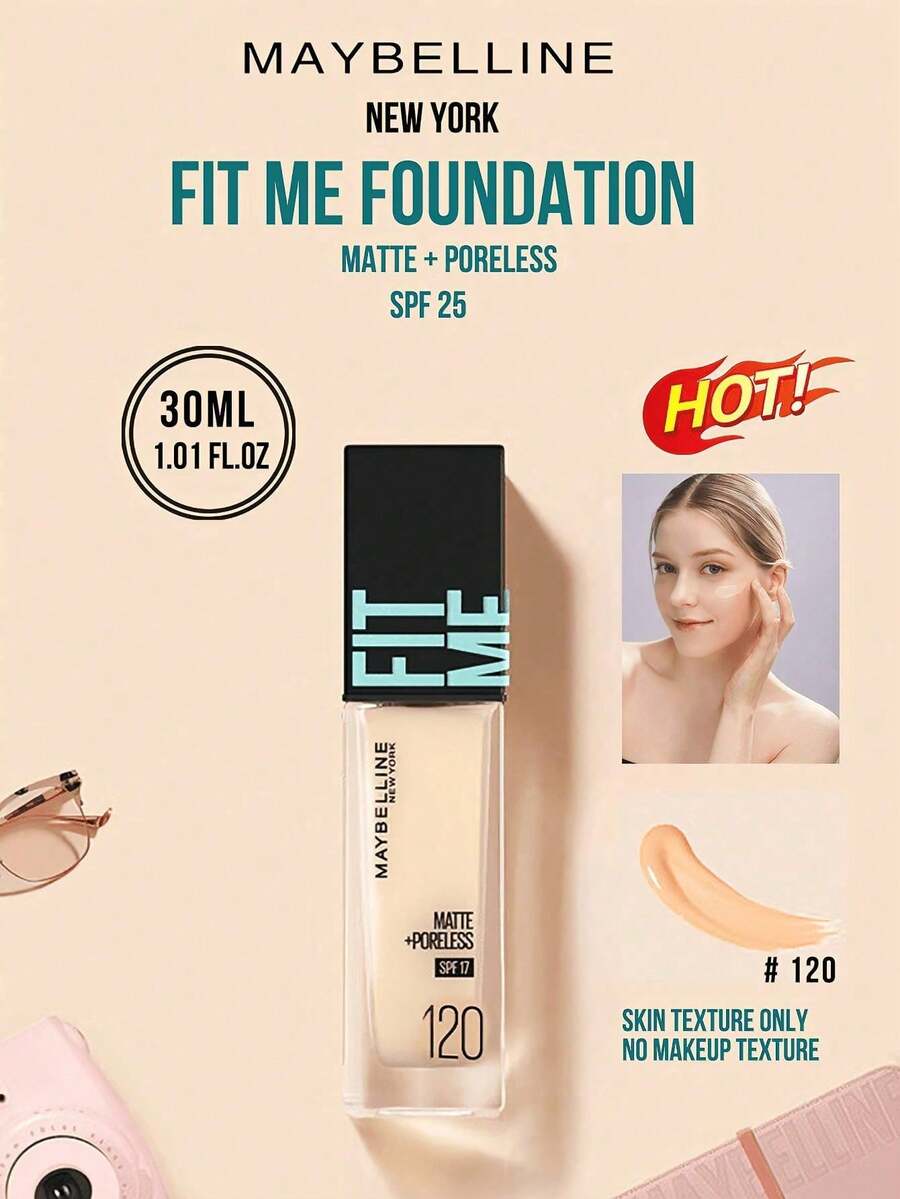 Maybelline 菲力特 (Fit Me) 霧面無瑕粉底液 SPF 17 #120 粉嫩自然色，5/30ml 可選，24 小時長效保濕，三效合一（定妝/補妝/提亮），無妝感，霧面無瑕妝，長效肌膚和日常肌膚上，適合肌膚造型無膚色。