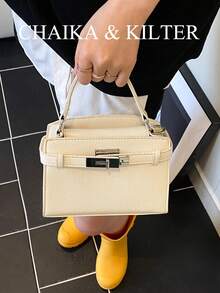 新款夏季荔枝纹女士手提包，时尚可调节肩带斜挎包，简约纯色高端金属装饰单肩通勤包 - 白色 - 查看 5