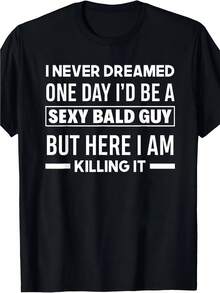 Men'S Funny Bald Head Humor T-Shirt - "I Never Thought I'd Be A Bald Guy, But Here I Am Killing It" Slogan, Black With White Print, Casual Short Sleeve Round Neck, Comfortable Lightweight Fabric, Machine Washable, All-Season Wear For Gym - 黑色 - 查看 2