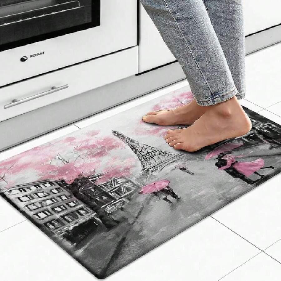 Kitchen Rug Anti Fatigue Kitchen Mat Cushioned Black White Pink Paris Eiffel Tower Kitchen Rugs Non S Waterproof Kitchen Rugs Anats For Floor Laundry Standing Desk Sink,39064292 - Rose Red - View 1
