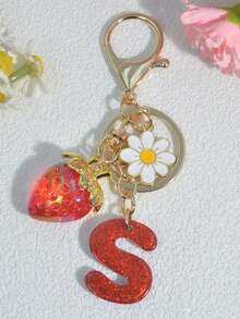 1 pezzo Portachiavi a forma di lettera con fragola rossa, ciondolo floreale carino, portachiavi minimalista per borsa, regalo per donne - Rosso - Visualizzare 34