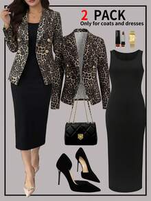 2pcs Women's Leopard Print Blazer Set With Black Dress, Slimming & Elegant Style, Suitable For Spring To Summer Occasions Like Valentine's Day, Ramadan, Evening Dates, Beach Photoshoot, Beach, Vacation, Dates, Church, Commuting, Wedding Guests, Holiday Vacation, Parties - Black - View 1