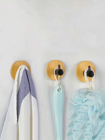 1pc/2pcs Stainless Steel & Bamboo Hanging Hook, Damage-Free No Drill Stainless Steel Towel Hook, Wooden Strong Adhesive Hook For Kitchen, Bathroom, Behind Door