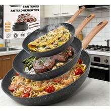 Sartén con Revestimiento Antiadherente, Sartén de Piedra de Alemania 100% Libre de PFOA, Conducción Uniforme y Rápida, Apto Universal para Estufas de Gas, Eléctrica, Cerámica etc. (28 centímetros) - Juego de 3 piezas - Ver 2