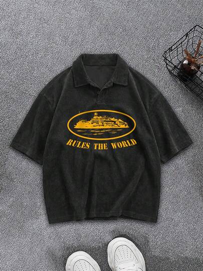 Men's Casual Loose Fit Slogan Print Short Sleeve Polo Shirt, Summer