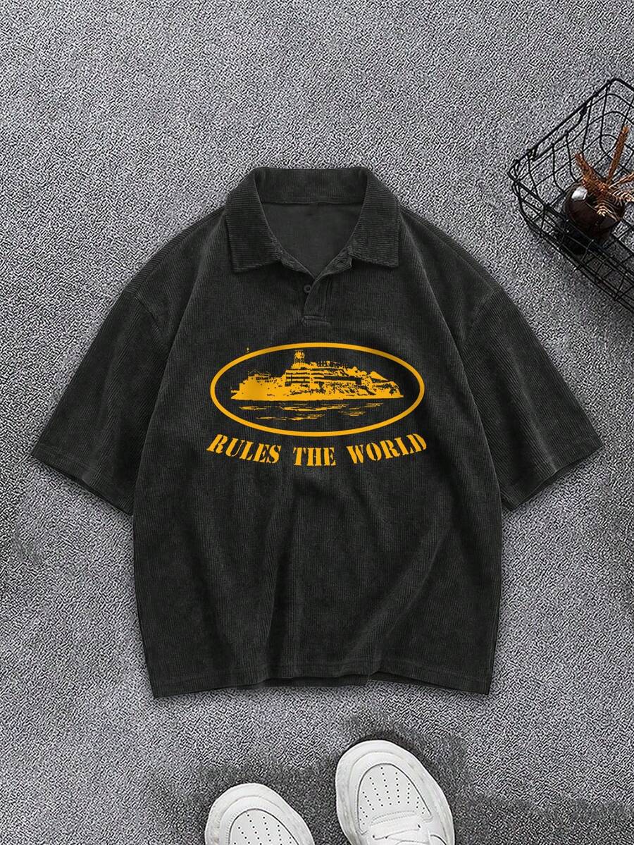 Men's Casual Loose Fit Slogan Print Short Sleeve Polo Shirt, Summer - Black - View 1