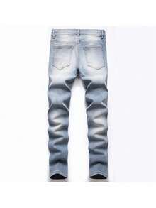 Trajes callejeros de moda Jeans para hombre Pantalones de mezclilla con agujeros perforados de color morado Pantalones ajustados ajustados cómodos Pantalones informales de moda vintage para hombre - Neblina azul - Ver 2