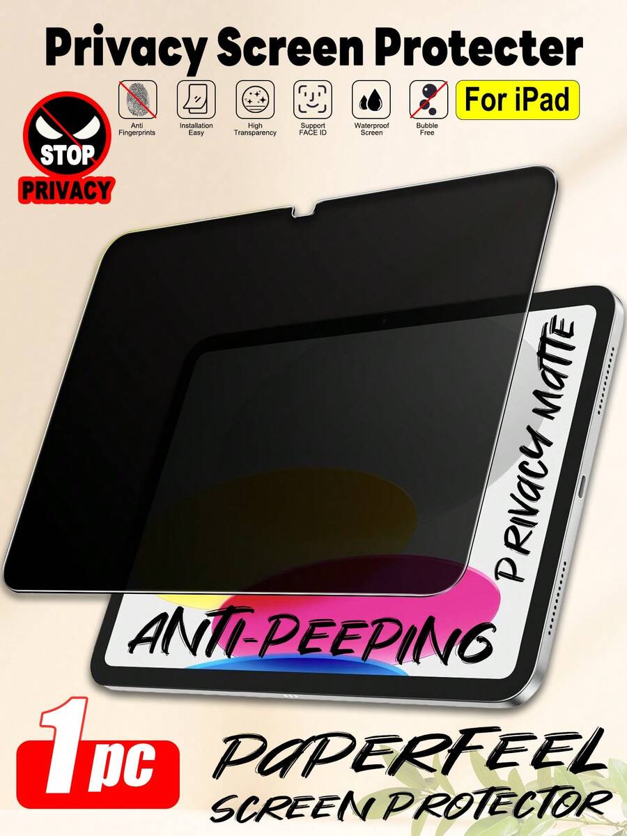 ZYONS 1pc Compatible With IPad Tablet Privacy Screen Protector, Privacy Protection, Anti-Spy, Curved Edges, Anti-Scratch Anti-Drop, Full Screen Coverage, Strong Anti-Fingerprint, Sensitive Touch, Soft Film Not Glass, Matte Paper-Like, Compatible With IPad 11th Gen 2025 A16/Compatible With IPad 10th Gen 10.9"/Compatible With IPad Air 13 11 M4 M3 M2 2025 2024/Compatible With IPad Pro 12.9"/Mini 2024 Screen Protection Essentials, Applicable To Daily Shield, Office, Home Daily Shield Office Home Pad Screen Protector Pad Accessories Waterproof Shockproof Anti-Fall Scratch Resistant - Black - View 1