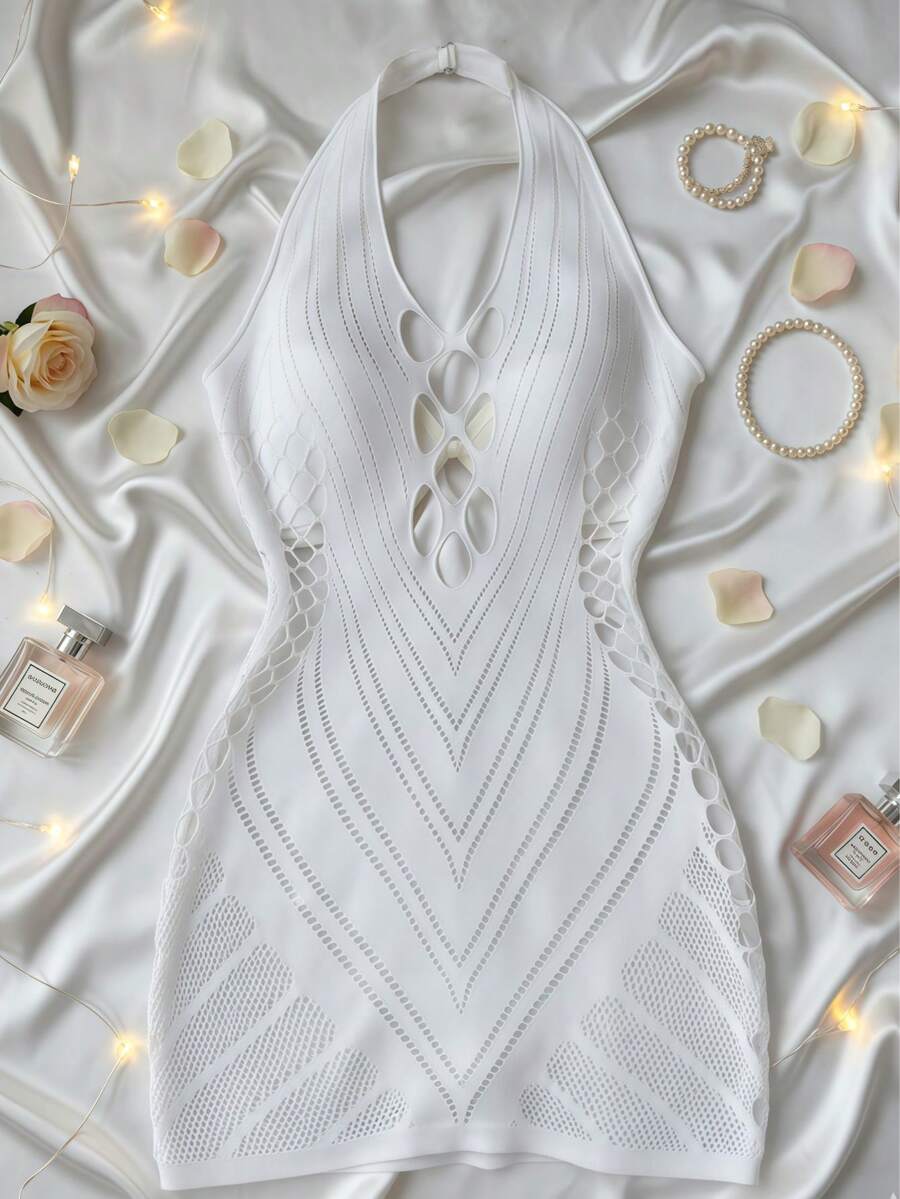 SOFUSEN Sexy Lingerie, Mesh Crop Top, Bodycon Mini Skirt, Hollow-Out Backless Sleepwear, Lace Nightgown, Sensual Outfits, Suitable For Best Friends, Valentine's Day - White - View 1