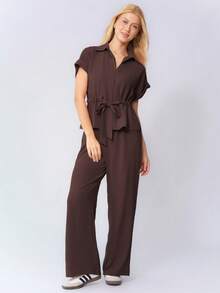 KATCH ME Women's Versatile Collared Rolled-Up Short Sleeve Top & Wide Leg Trousers Co-Ord, Soft Womenswear For Spring & Summer - Brown - View 3