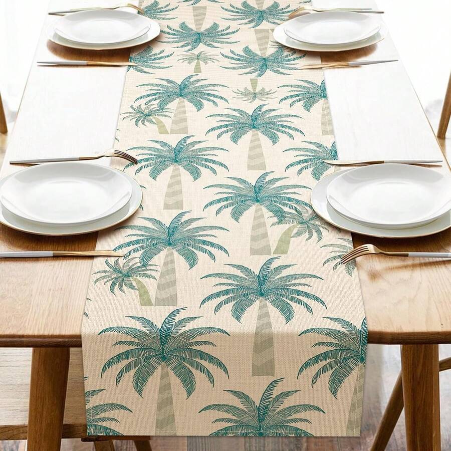 Mantel con estampado de palmeras tropicales, decoración de cocina estilo boho hawaiano con plantas, decoración del hogar para interiores y exteriores, suministros para fiestas, primavera/verano - Celeste - Ver 1