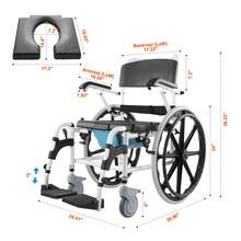 Silla de ruedas de ducha, 17,5 pulgadas de ancho de aleación de aluminio silla de ruedas de baño para ducha interior, silla de ducha rodante ajustable con freno para adultos discapacitados, silla de transporte de comoda de ducha de capacidad de 300 libras - Blanco y Negro - Ver 10