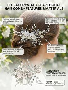 1pc Bridal Wedding Hair Accessories, Floral Pearl & Crystal Hair Comb Clip For Bridesmaid Prom Party - Silver - View 5