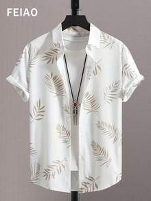 Áo sơ mi nam FEIAO phong cách retro Mỹ cổ điển, chất liệu 100% polyester nhẹ, in kỹ thuật số họa tiết lá cây, cài cúc phía trước, tay ngắn màu trắng, thời trang, thanh lịch, đa năng, phù hợp cho đi làm, mặc thường ngày và đi nghỉ mát. - trắng - Xem 3