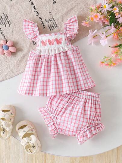 2pcs/Set Cute Casual Elegant Pink Plaid Camisole Top + Shorts Set For Toddler Girls, Summer
