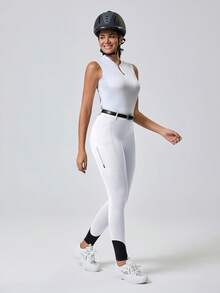 Quần cưỡi ngựa nữ dệt kim in họa tiết silicon, phối màu tương phản, dáng ôm, thích hợp cho tập luyện và các hoạt động thể thao ngoài trời, màu trắng xuân/hè. - trắng - Xem 4