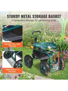 Garden Cart Rolling Workseat With Wheels, Gardening Stool For Planting, 360 Degree Swivel Seat, Wagon Scooter With Steering Handle & Utility Tool Tray, Use For Patio, Yard, And Outdoors, Green - Dark Green - View 5