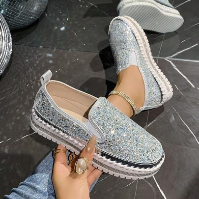Mocassins plates polyvalents à paillettes pour femmes, couture artisanale, convient pour les fêtes, les galas, les boîtes de nuit