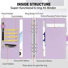 A5 Binder 6 Ring Personal Organizer Planner Binder Cover Makaron Purple Portfolio Folder For Women With Macaron Colors,6 Ring A5 Binder - 馬卡龍紫色 - 查看 4