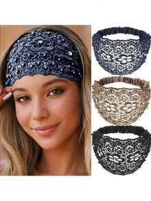 1 Piece/Women's Fashion Crocheted Headband Set, Featuring Faux Pearl Details And Openwork Design, Elegant Lace And Satin Elastic Fabric, Suitable For Special Occasions, Parties And Everyday Wear. - 黑色 - 查看 4