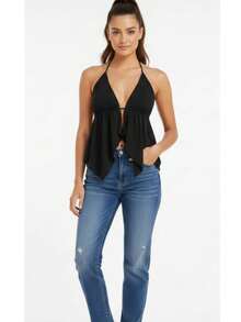 Women's Cropped Halter Top With Straps And Back Tie. Knit Fabric. Open Back. Drawstring. Nightwear. - Black - View 3