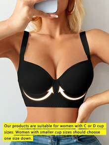 1pc Plus Size Seamless Wireless Padded Bra With Underwire, Lift & Enhance Cleavage, Deep V-Neck Design, Smooth Finish - Black - View 2