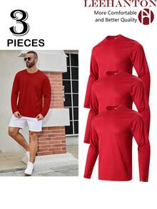 3PCS Men's Performance Long Sleeve T-Shirt Men's Quick-Dry Long-Sleeve T-Shirts. These T-Shirts Wick Away Moisture, Offer Breathability, And Keep You Cool. Perfect For Sports And Casual Wear, They Feature A Relaxed Fit, Round Neck, And Are Ideal For Fitness Activities And Outdoor Outings. - 紅色 - 查看 1