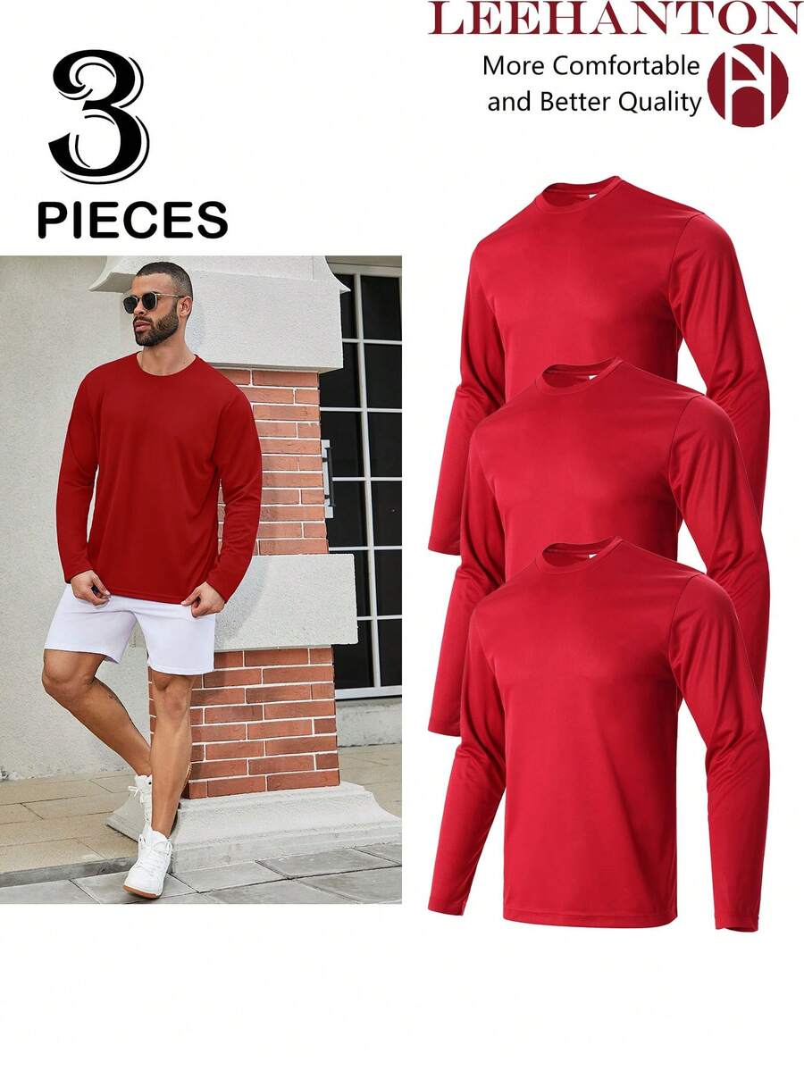3PCS Men's Performance Long Sleeve T-Shirt Men's Quick-Dry Long-Sleeve T-Shirts. These T-Shirts Wick Away Moisture, Offer Breathability, And Keep You Cool. Perfect For Sports And Casual Wear, They Feature A Relaxed Fit, Round Neck, And Are Ideal For Fitness Activities And Outdoor Outings. - 紅色 - 查看 1