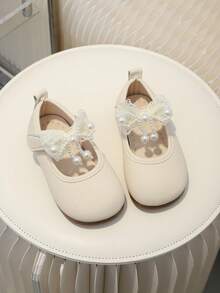 1 Pair Baby Girl Lace Pearl Bow Comfortable Low Vamp Flat Casual Shoes, Suitable For Daily Outdoor Wear, All Seasons - Beige - View 1